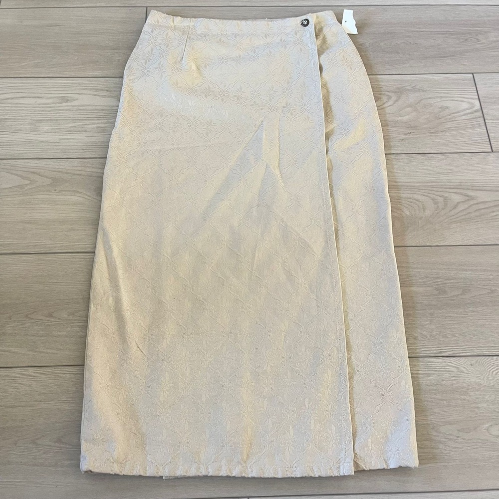 VTG Vivaldi Jeanswear Cream Floral Jacquard Cotton Blend Midi Wrap Skirt Size 10